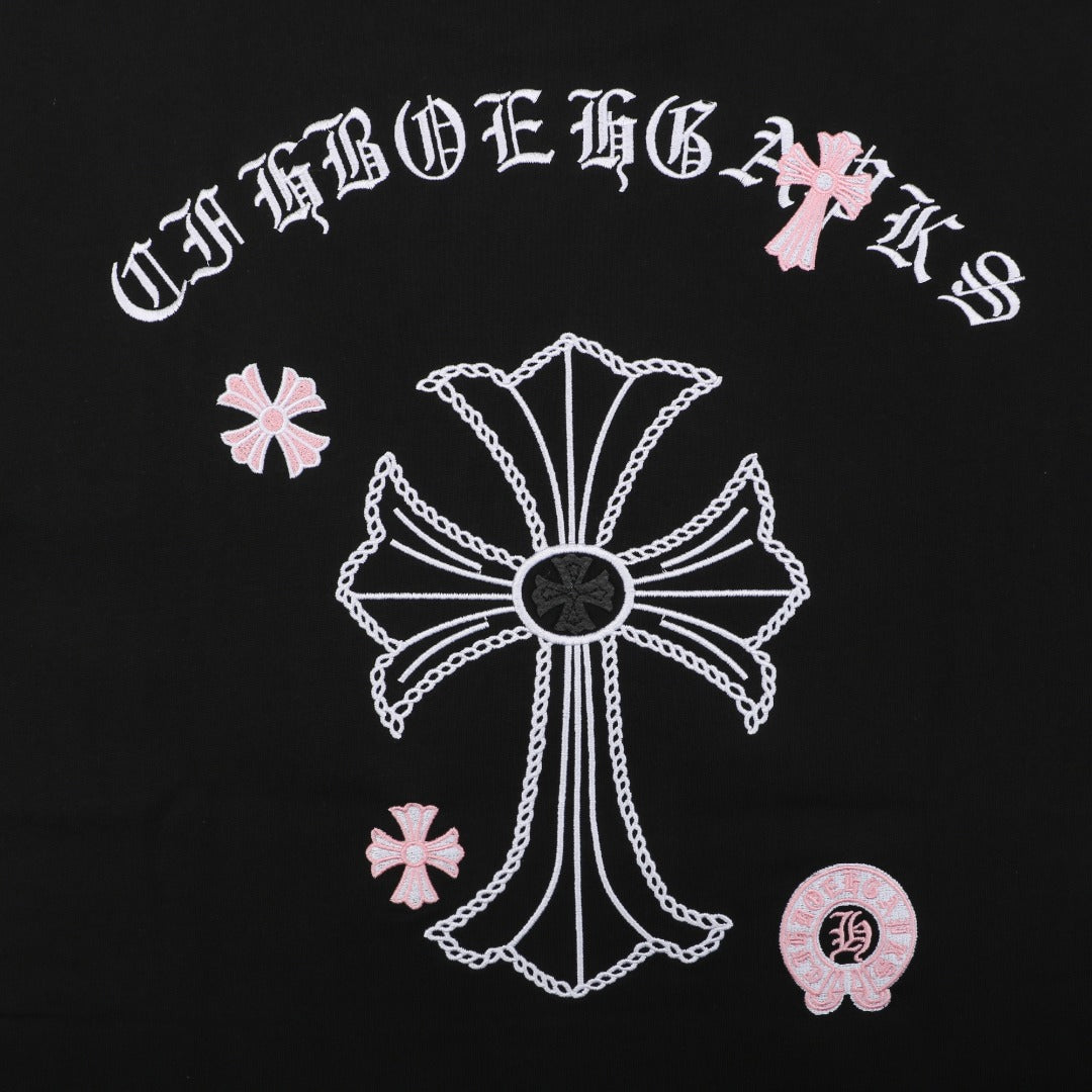 Chrome Hearts Pink Cherry Sanskrit Cross Embroidered Short Sleeve T-Shirt