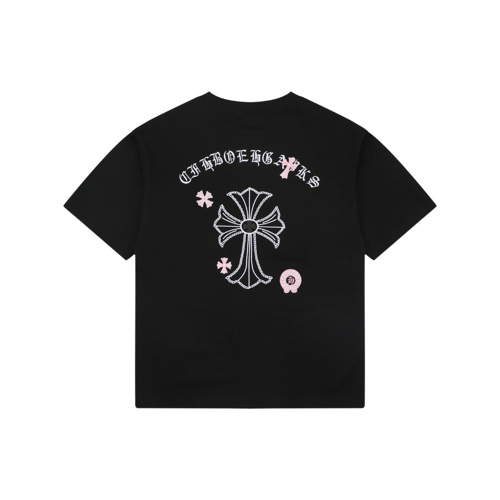 Chrome Hearts Pink Cherry Sanskrit Cross Embroidered Short Sleeve T-Shirt