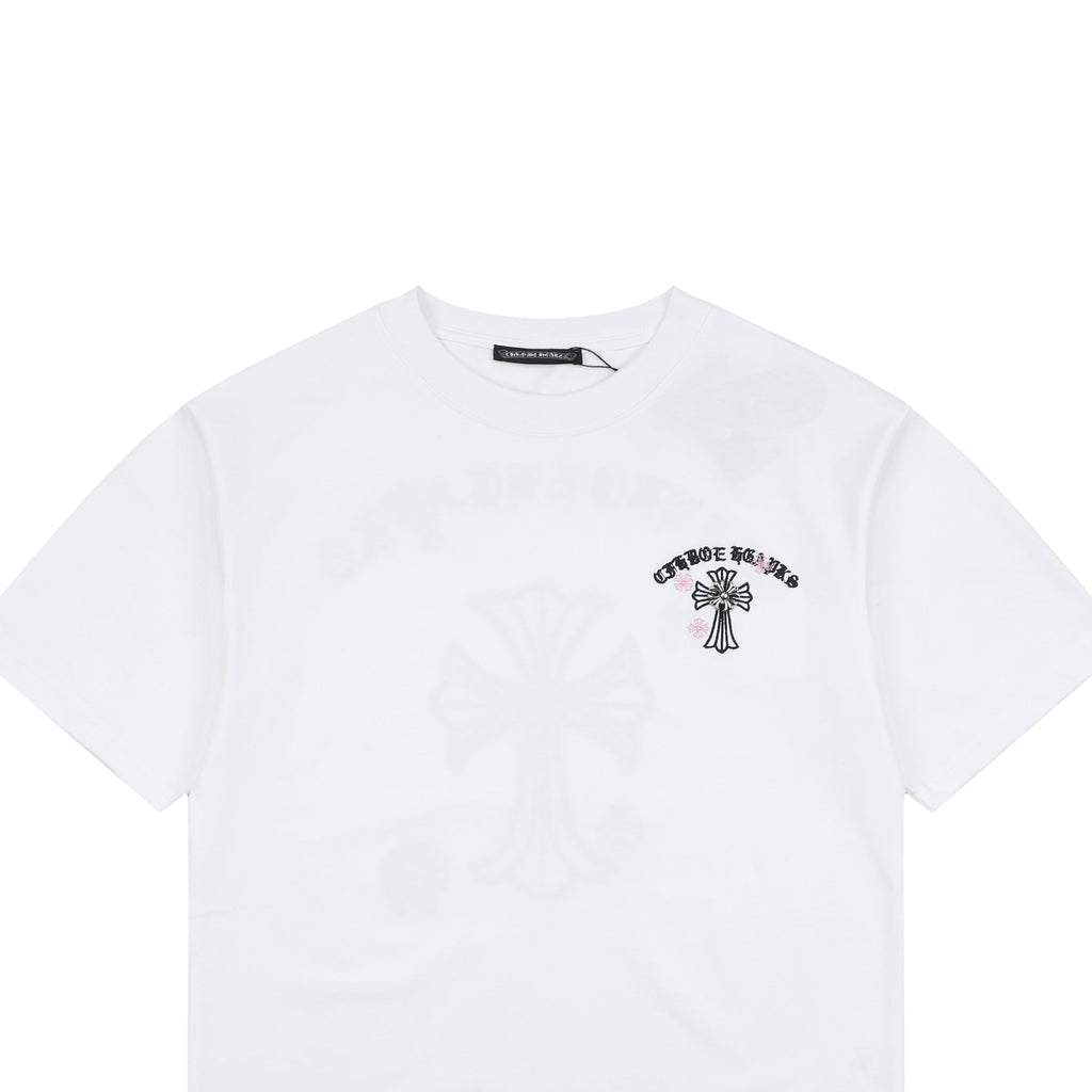 Chrome Hearts Pink Cherry Sanskrit Cross Embroidered Short Sleeve T-Shirt — White