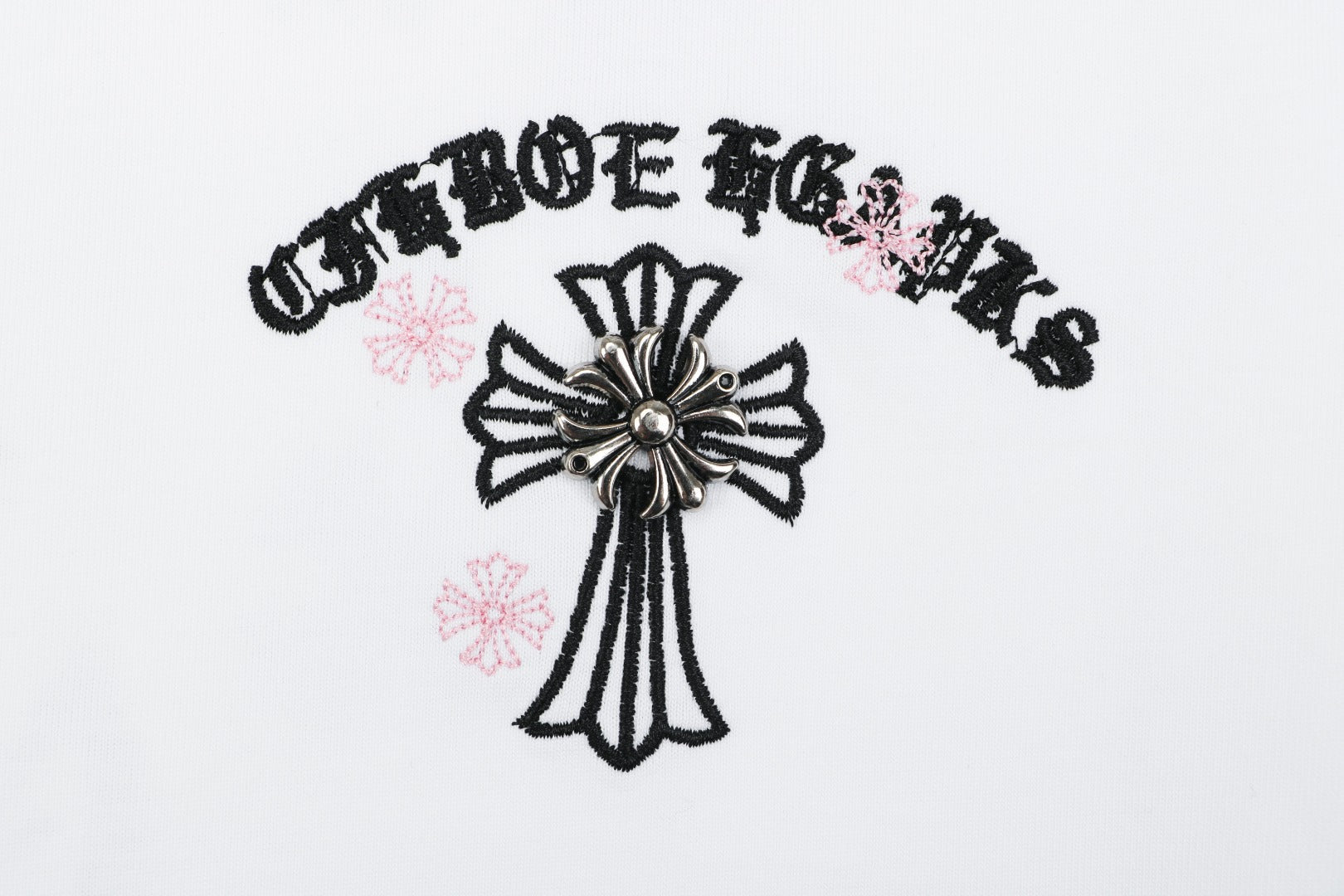 Chrome Hearts Pink Cherry Sanskrit Cross Embroidered Short Sleeve T-Shirt — White
