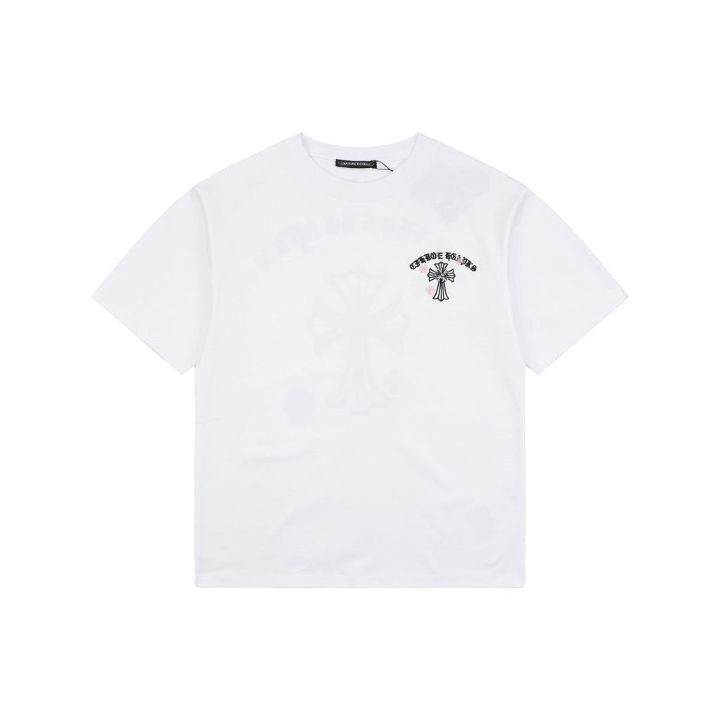 Chrome Hearts Pink Cherry Sanskrit Cross Embroidered Short Sleeve T-Shirt — White