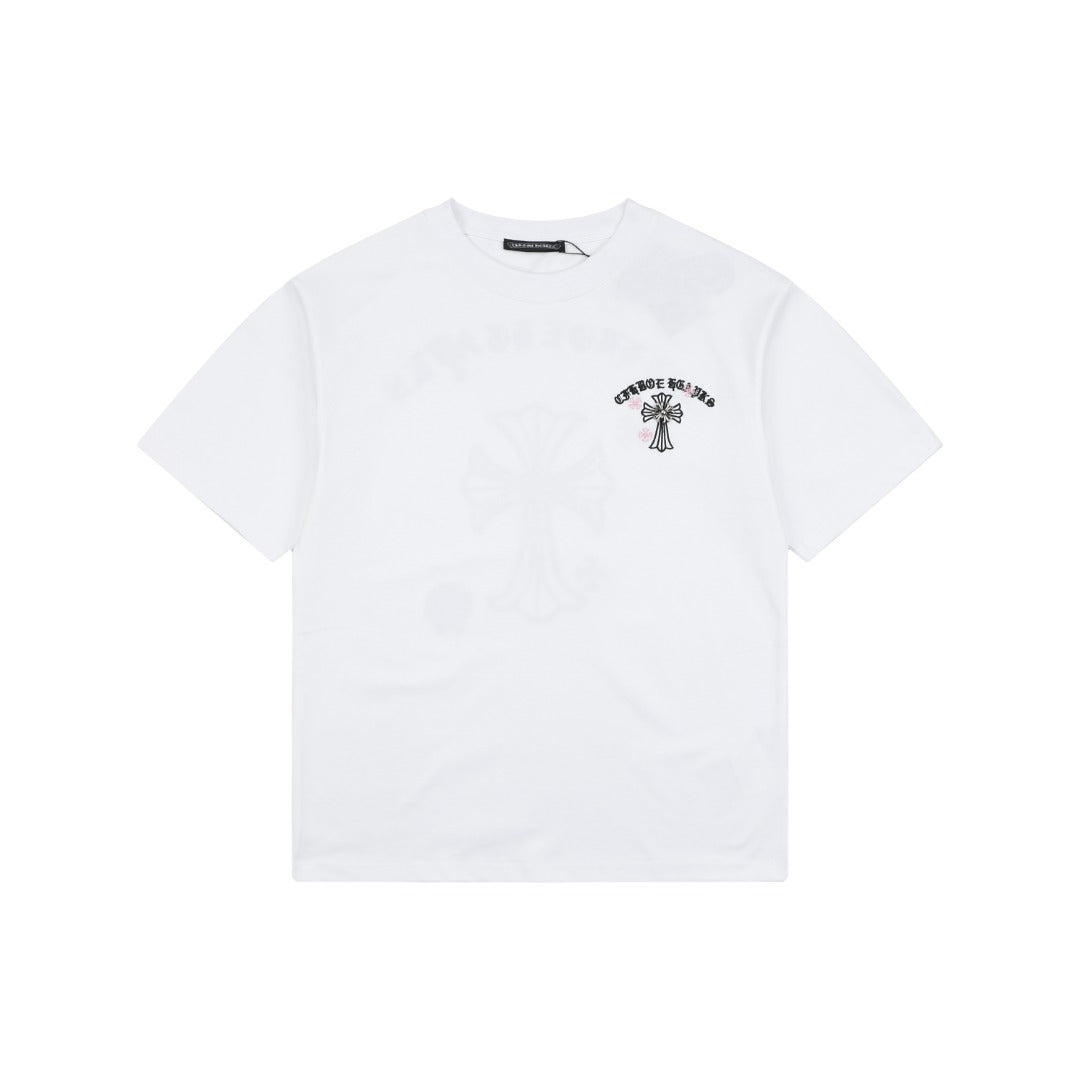 Chrome Hearts Pink Cherry Sanskrit Cross Embroidered Short Sleeve T-Shirt — White