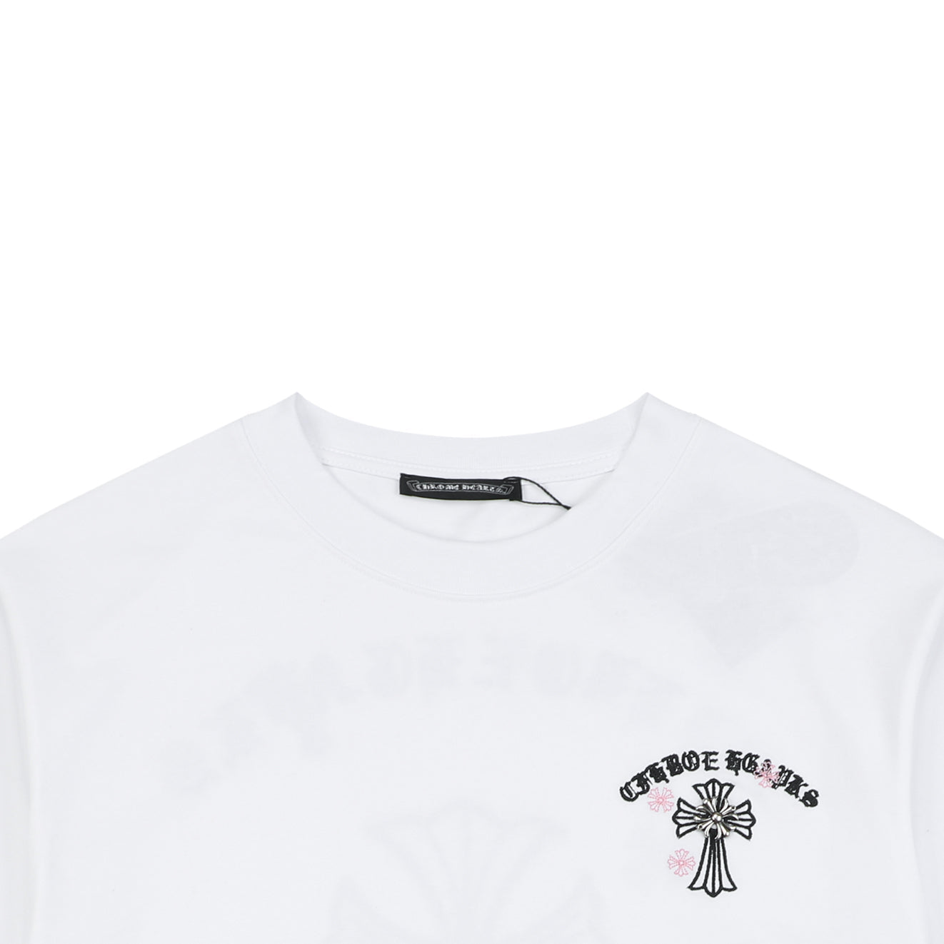 Chrome Hearts Pink Cherry Sanskrit Cross Embroidered Short Sleeve T-Shirt — White