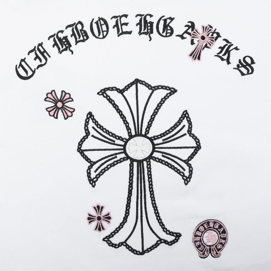 Chrome Hearts Pink Cherry Sanskrit Cross Embroidered Short Sleeve T-Shirt — White