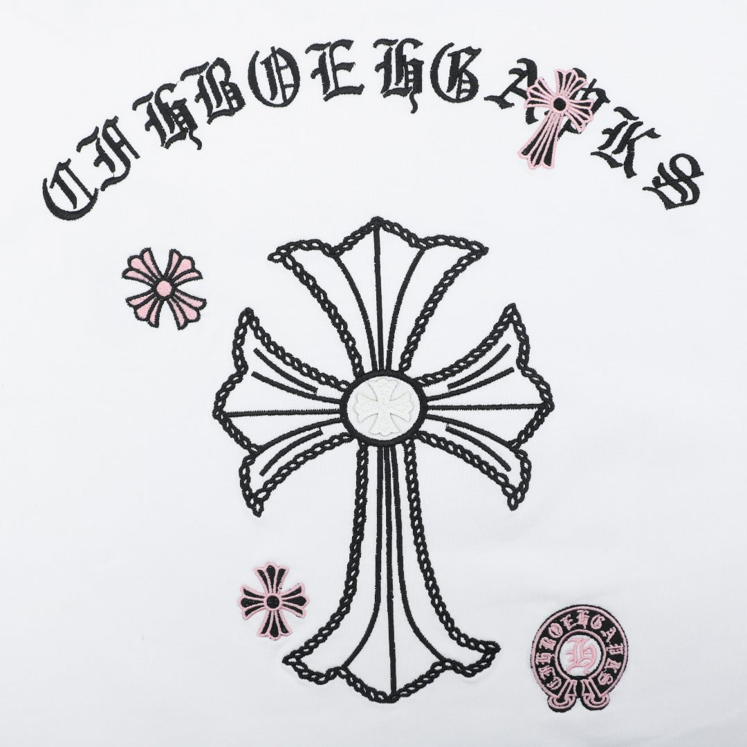Chrome Hearts Pink Cherry Sanskrit Cross Embroidered Short Sleeve T-Shirt — White