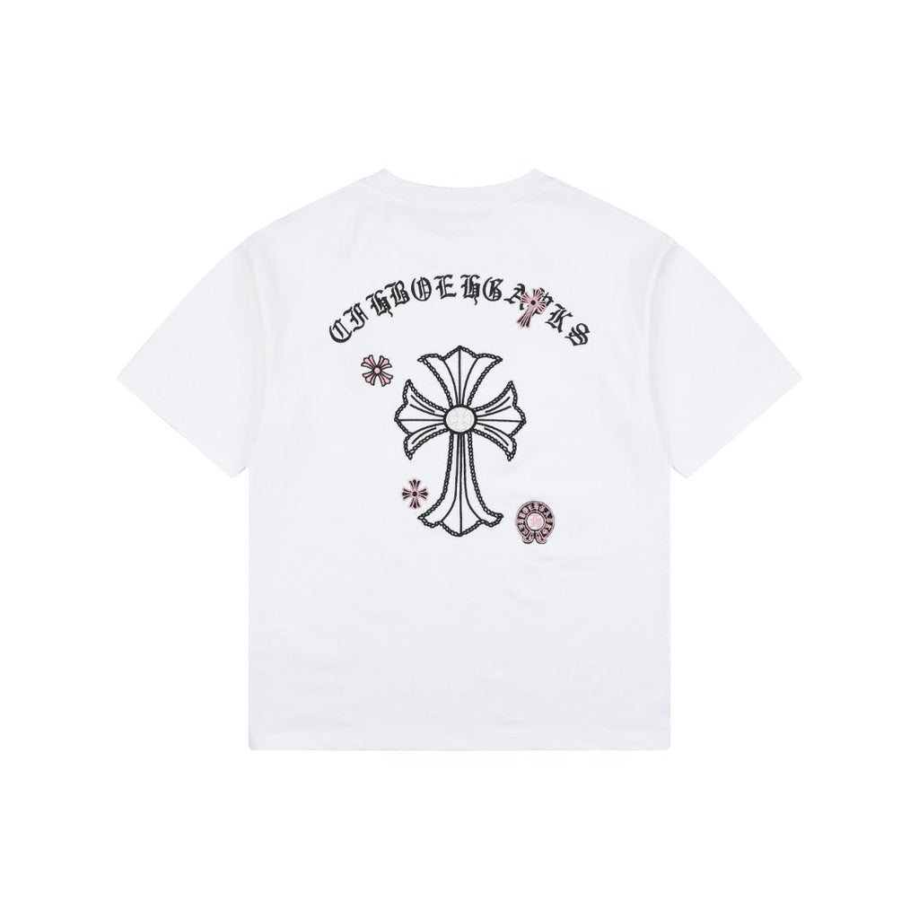 Chrome Hearts Pink Cherry Sanskrit Cross Embroidered Short Sleeve T-Shirt — White