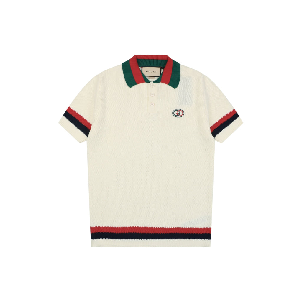 Gucci Retro Web Stripe Double G Jacquard Knit Short Sleeve Polo – Cream