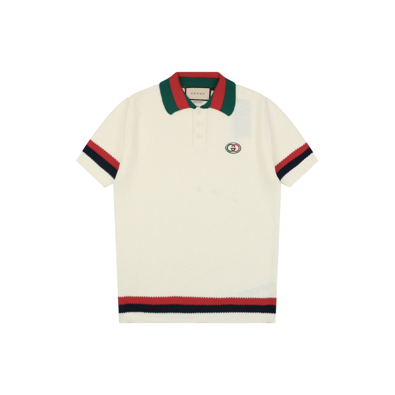 Gucci Retro Web Stripe Double G Jacquard Knit Short Sleeve Polo – Cream