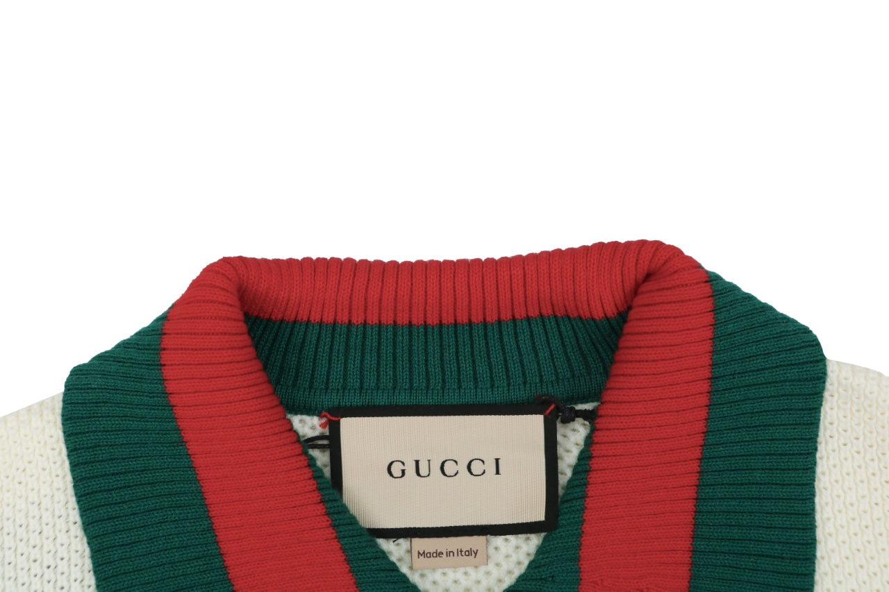 Gucci Retro Web Stripe Double G Jacquard Knit Short Sleeve Polo – Cream