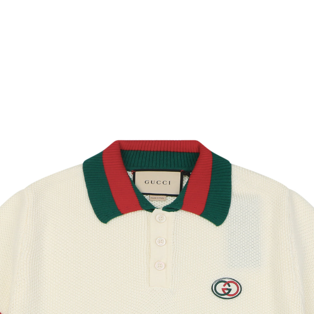 Gucci Retro Web Stripe Double G Jacquard Knit Short Sleeve Polo – Cream