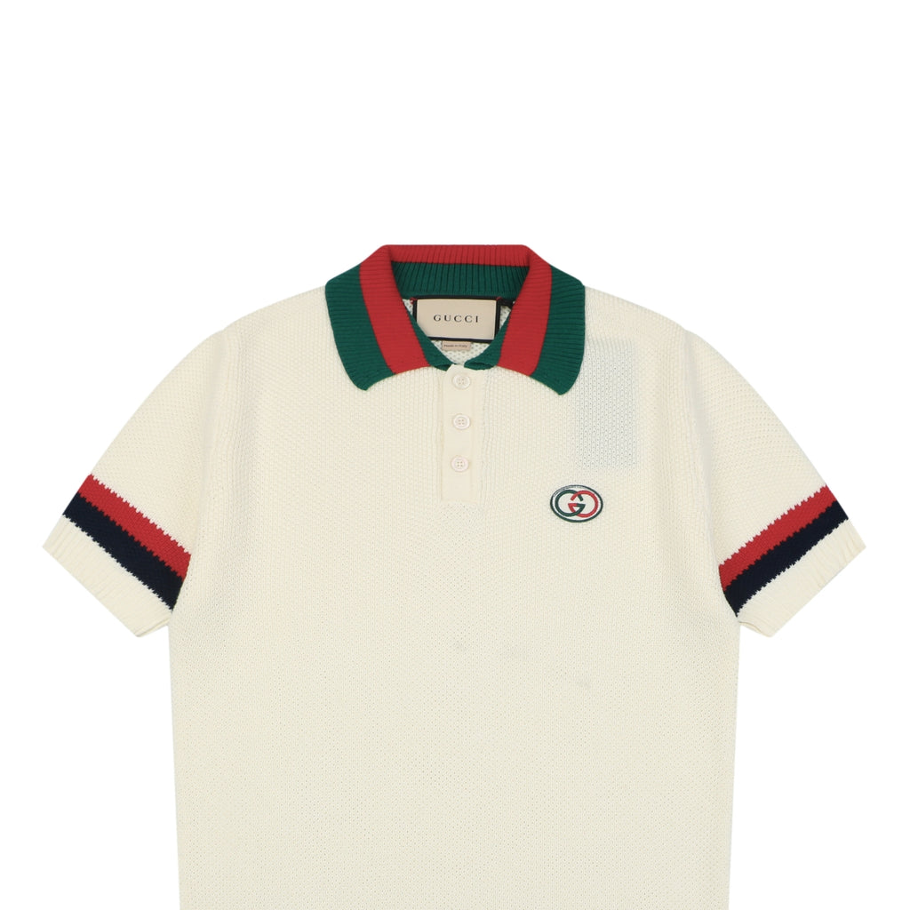 Gucci Retro Web Stripe Double G Jacquard Knit Short Sleeve Polo – Cream
