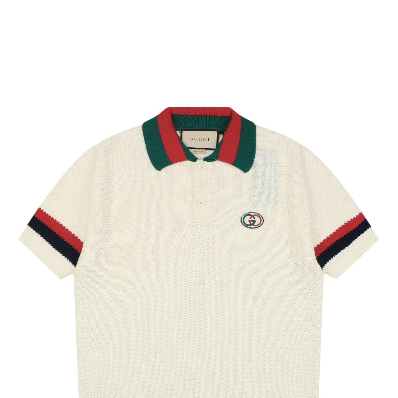 Gucci Retro Web Stripe Double G Jacquard Knit Short Sleeve Polo – Cream