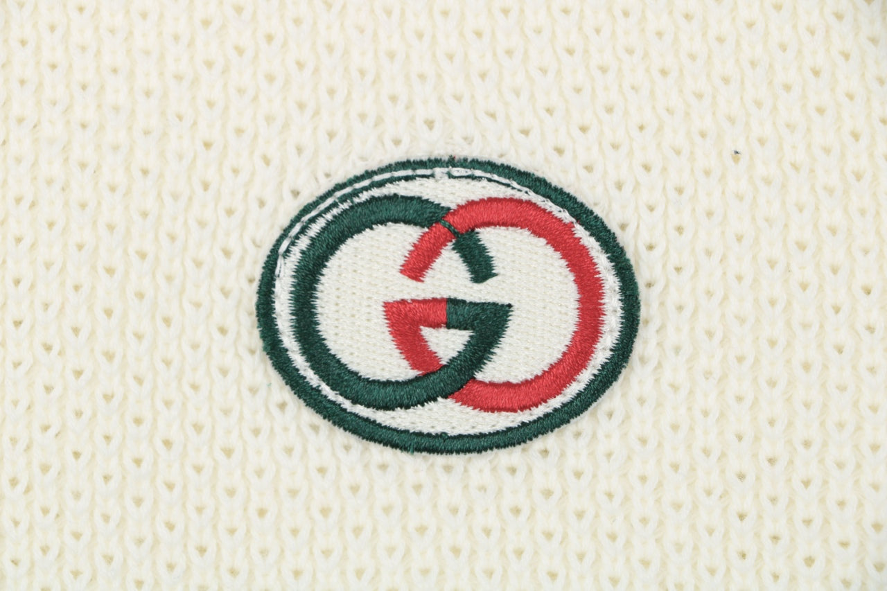 Gucci Retro Web Stripe Double G Jacquard Knit Short Sleeve Polo – Cream