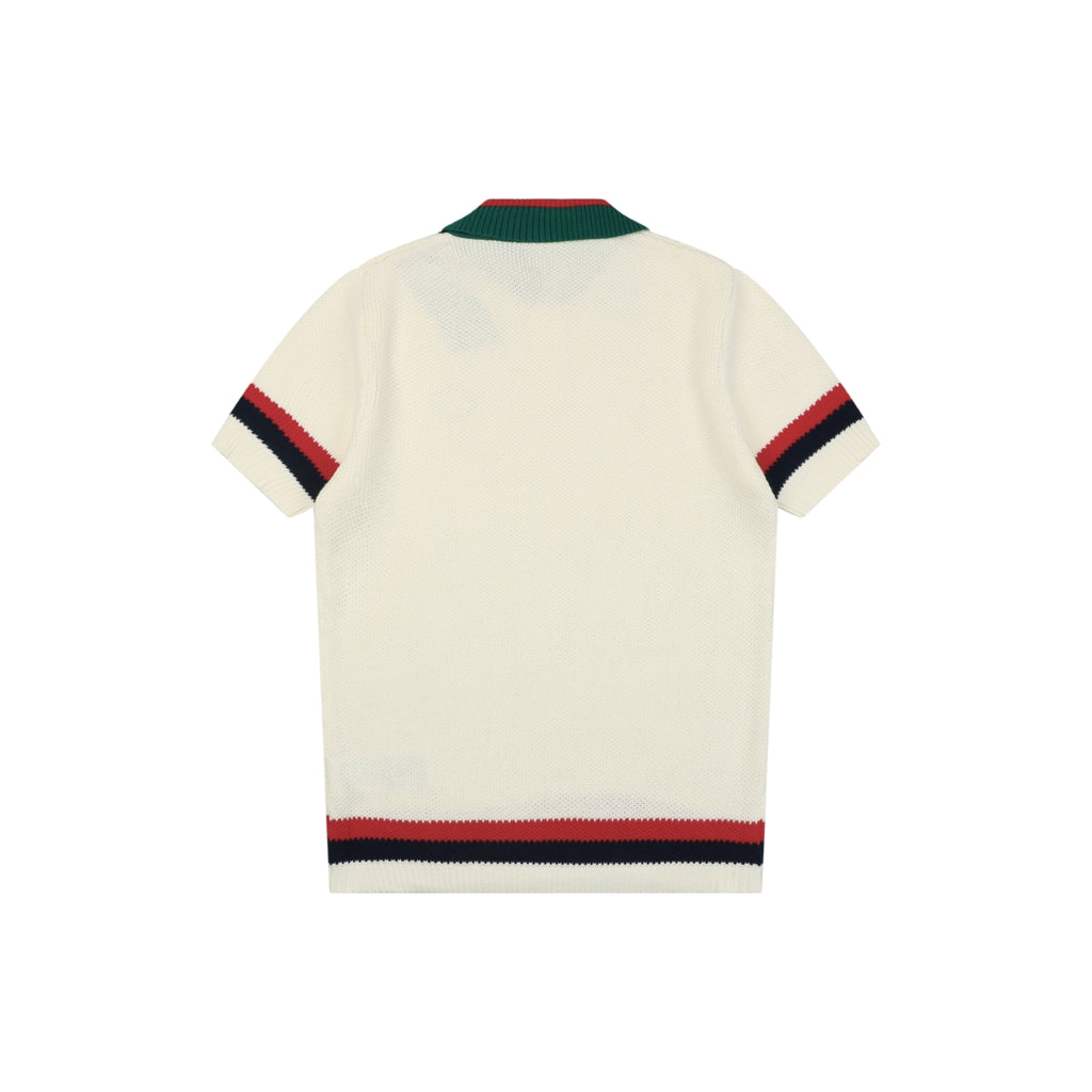 Gucci Retro Web Stripe Double G Jacquard Knit Short Sleeve Polo – Cream