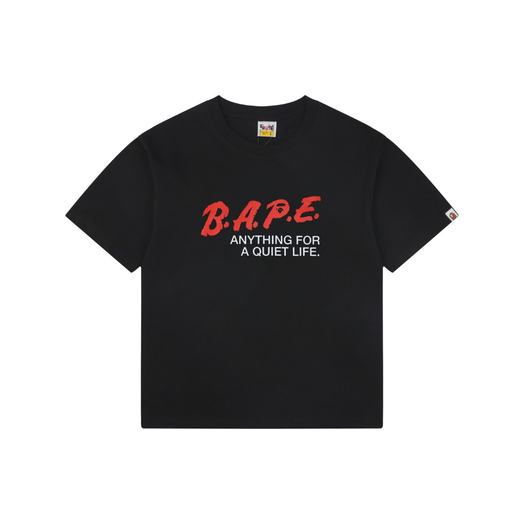 A Bathing Ape B.A.P.E. Red Script “Anything For A Quiet Life” Print Short Sleeve Tee – Black
