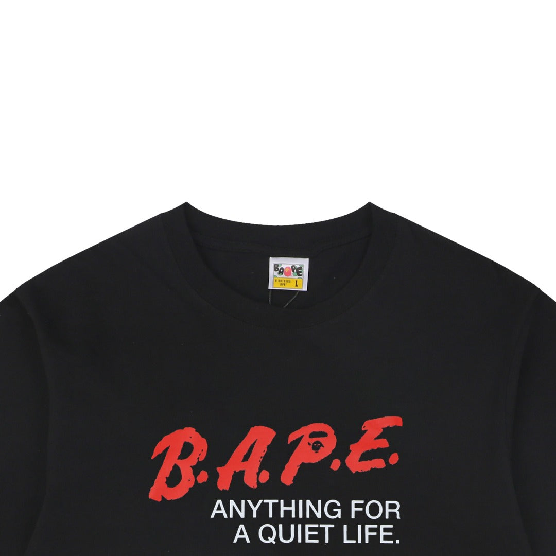 A Bathing Ape B.A.P.E. Red Script “Anything For A Quiet Life” Print Short Sleeve Tee – Black