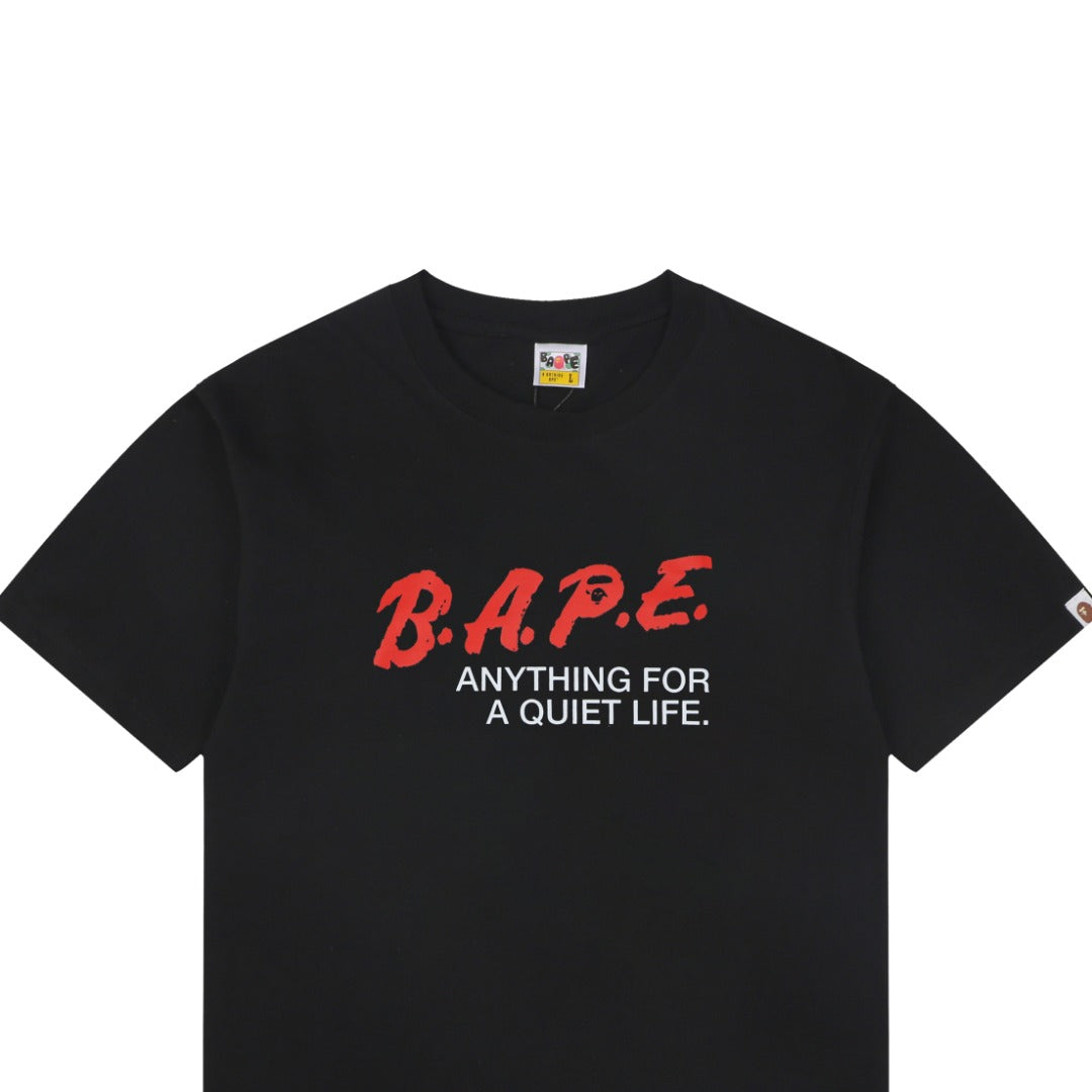 A Bathing Ape B.A.P.E. Red Script “Anything For A Quiet Life” Print Short Sleeve Tee – Black