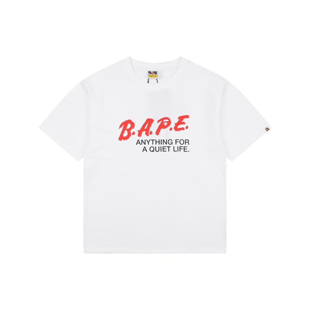 A Bathing Ape B.A.P.E. Red Script “Anything For A Quiet Life” Print Short Sleeve Tee – White