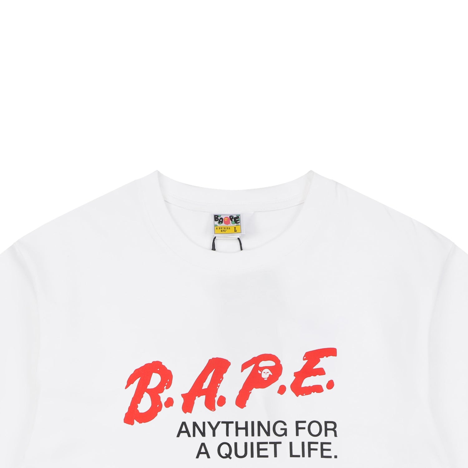 A Bathing Ape B.A.P.E. Red Script “Anything For A Quiet Life” Print Short Sleeve Tee – White