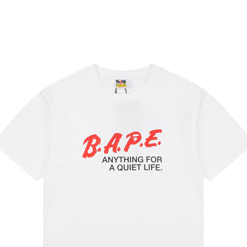 A Bathing Ape B.A.P.E. Red Script “Anything For A Quiet Life” Print Short Sleeve Tee – White