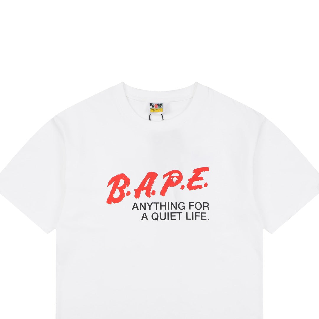 A Bathing Ape B.A.P.E. Red Script “Anything For A Quiet Life” Print Short Sleeve Tee – White