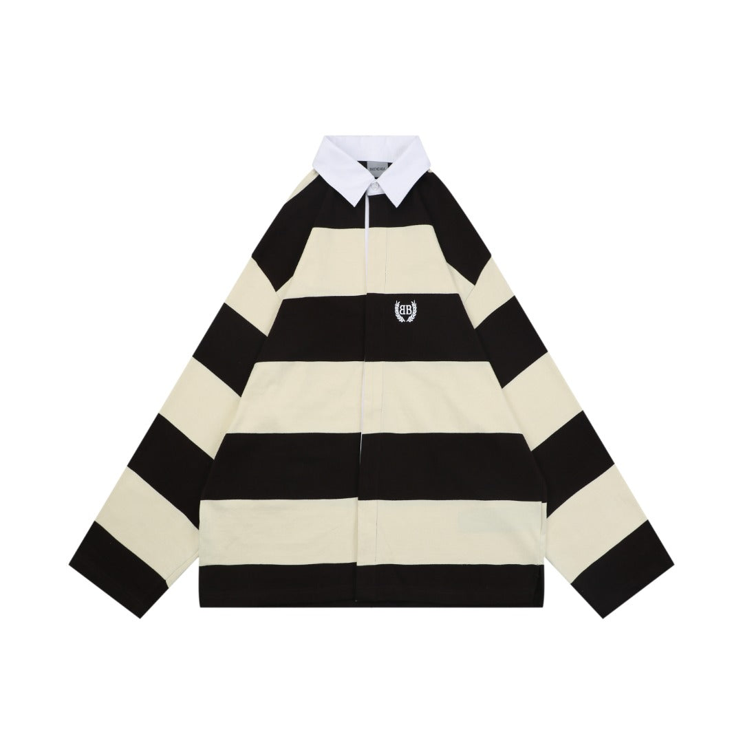 Balenciaga Wheat Ear Double-B Bold Stripe Rugby Long Sleeve Polo – Black / Cream