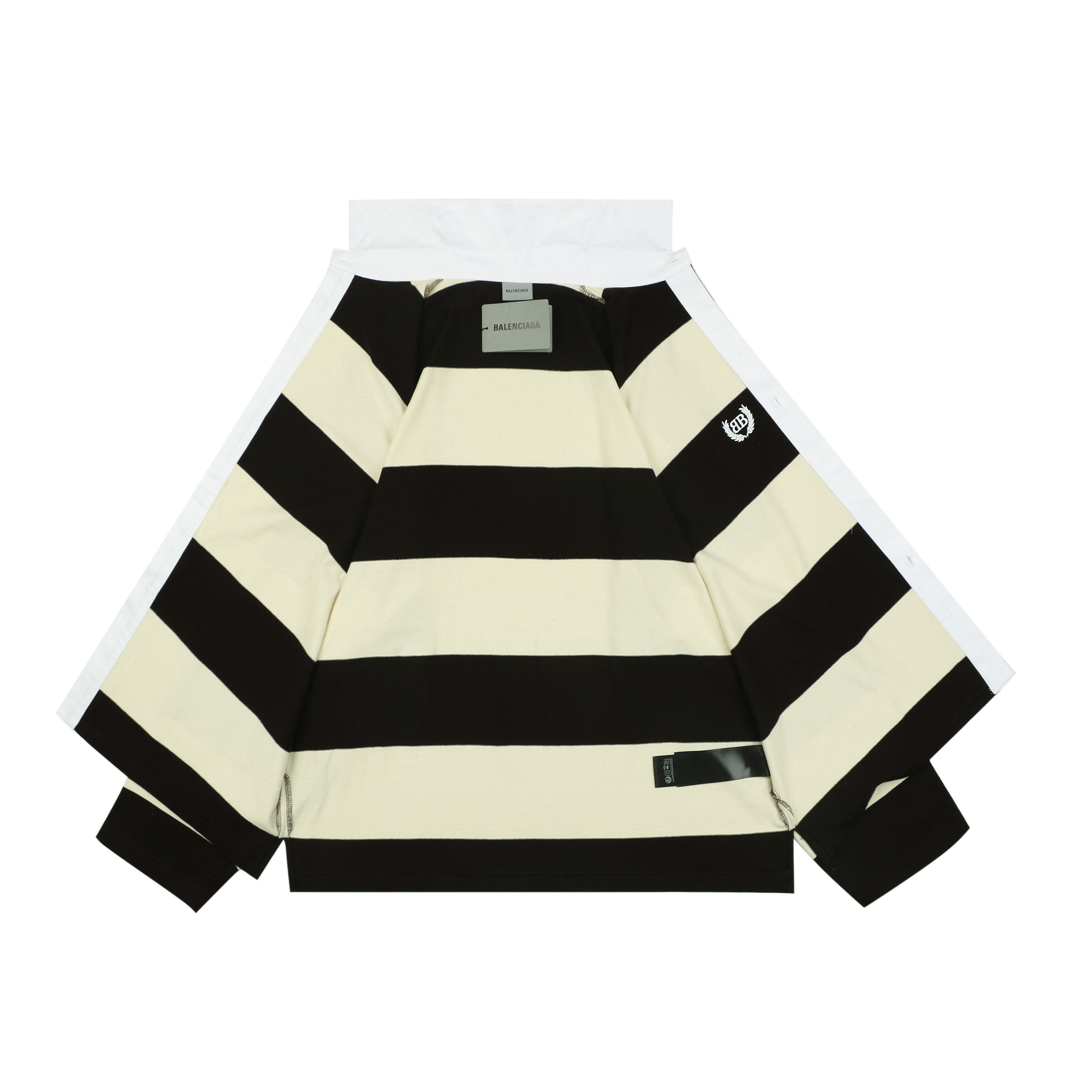 Balenciaga Wheat Ear Double-B Bold Stripe Rugby Long Sleeve Polo – Black / Cream