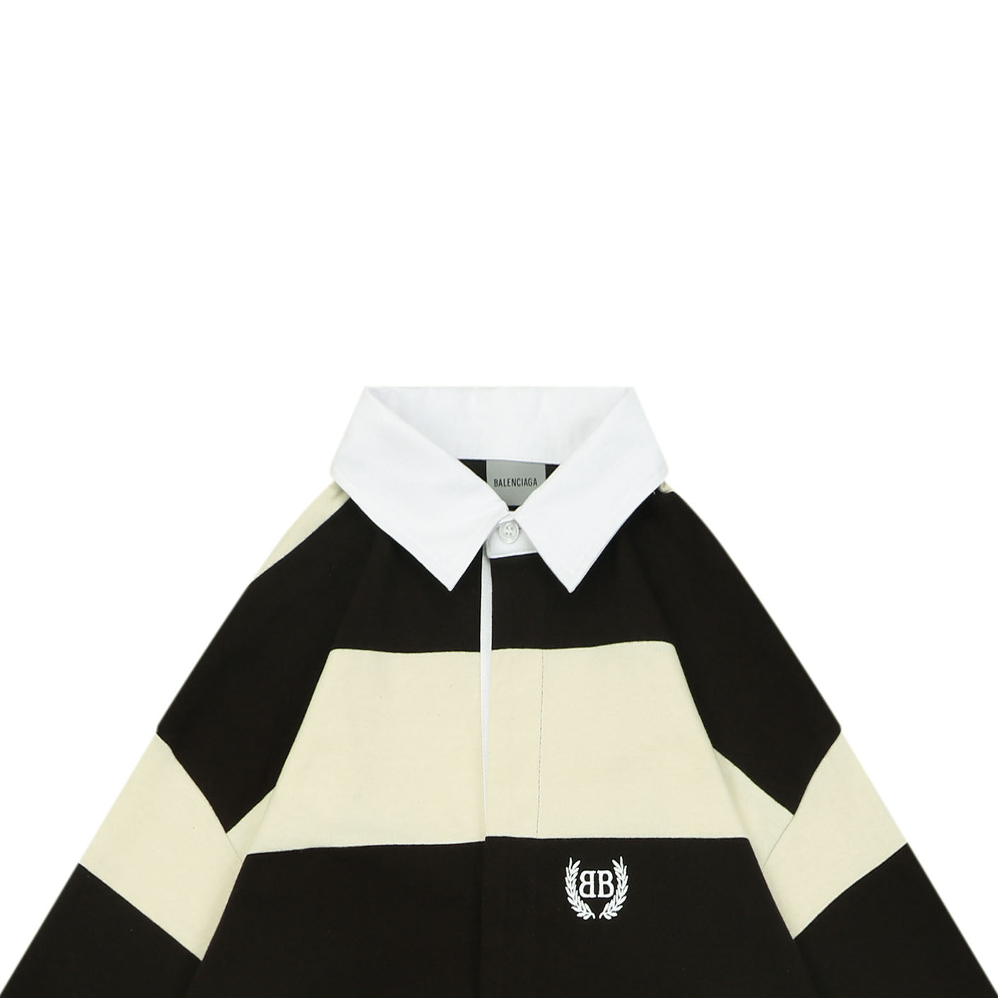 Balenciaga Wheat Ear Double-B Bold Stripe Rugby Long Sleeve Polo – Black / Cream