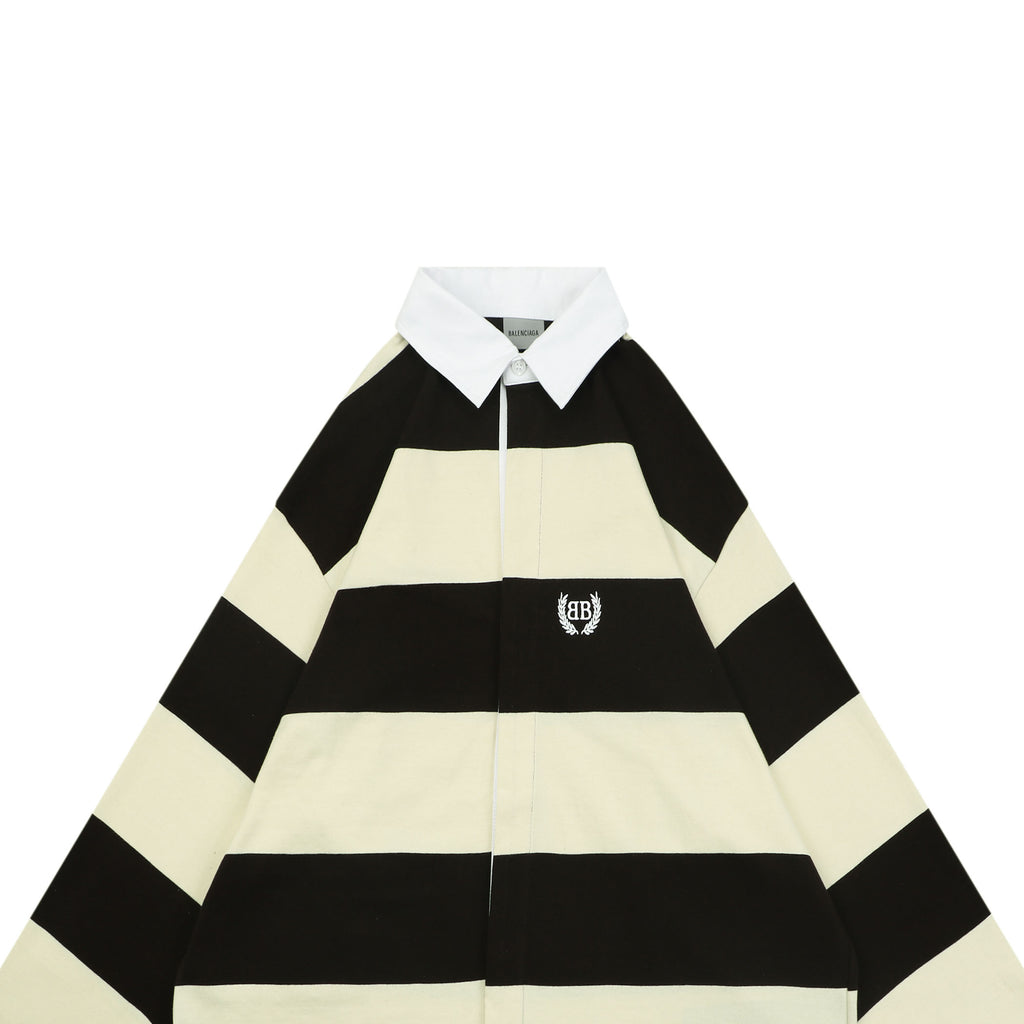 Balenciaga Wheat Ear Double-B Bold Stripe Rugby Long Sleeve Polo – Black / Cream