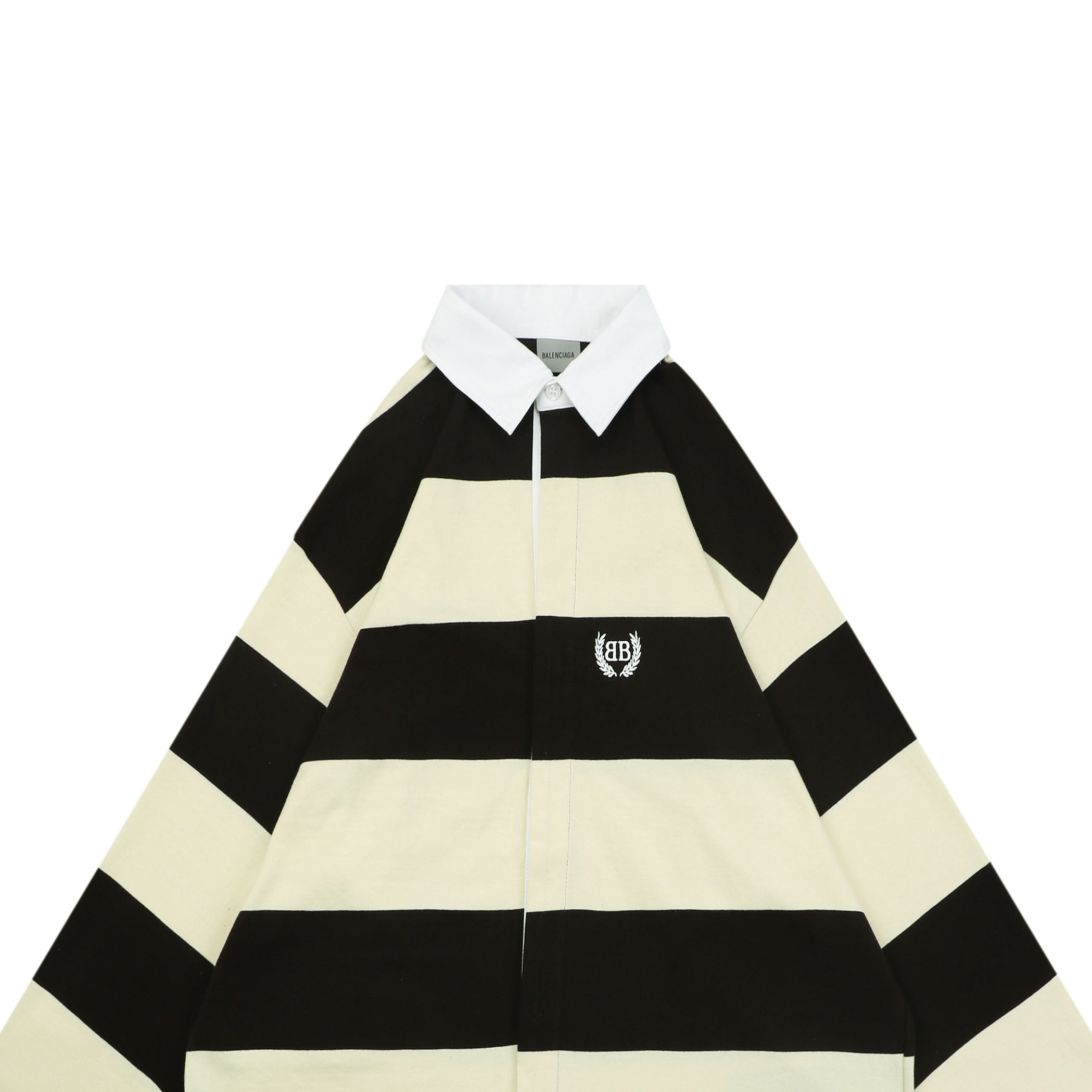 Balenciaga Wheat Ear Double-B Bold Stripe Rugby Long Sleeve Polo – Black / Cream