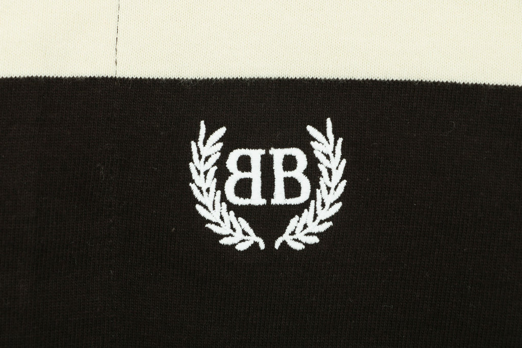 Balenciaga Wheat Ear Double-B Bold Stripe Rugby Long Sleeve Polo – Black / Cream