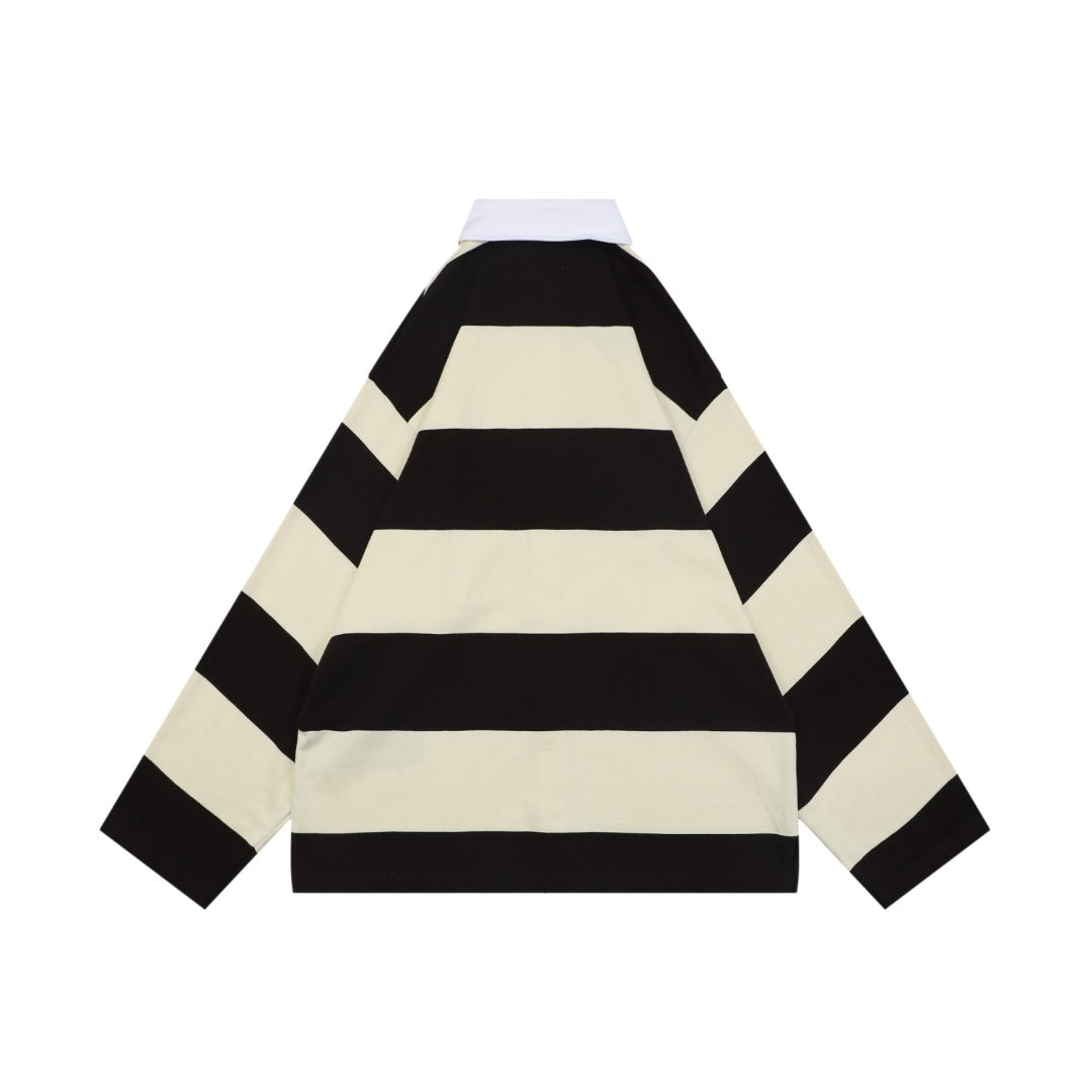 Balenciaga Wheat Ear Double-B Bold Stripe Rugby Long Sleeve Polo – Black / Cream