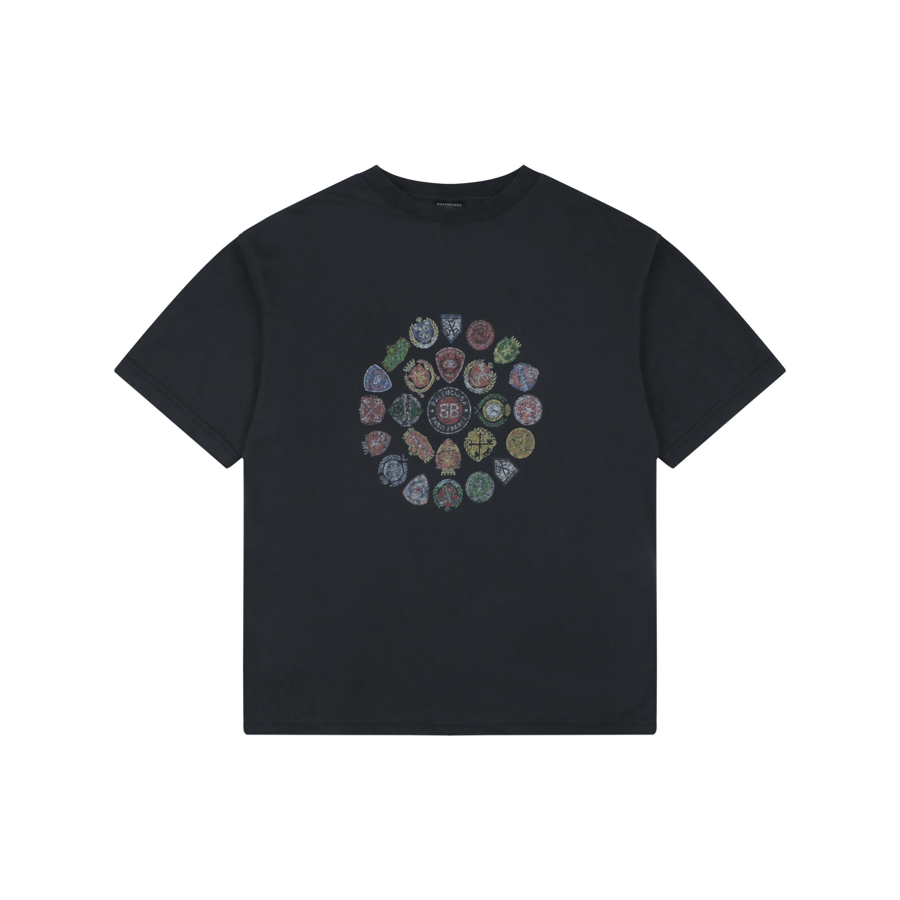 Balenciaga Vintage Crest Medallion Collage Print Short Sleeve Tee – Black