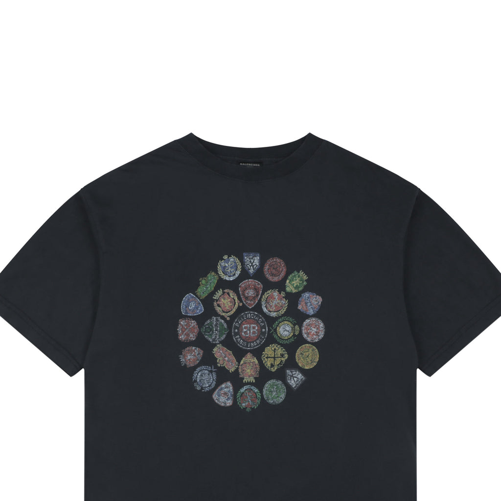 Balenciaga Vintage Crest Medallion Collage Print Short Sleeve Tee – Black