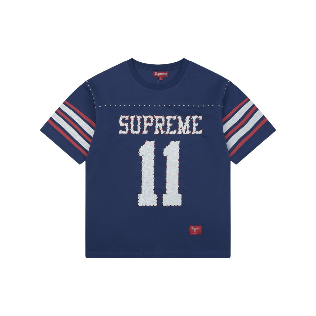 Supreme No.11 Crystal Rhinestone Football Jersey Short Sleeve Tee – Navy