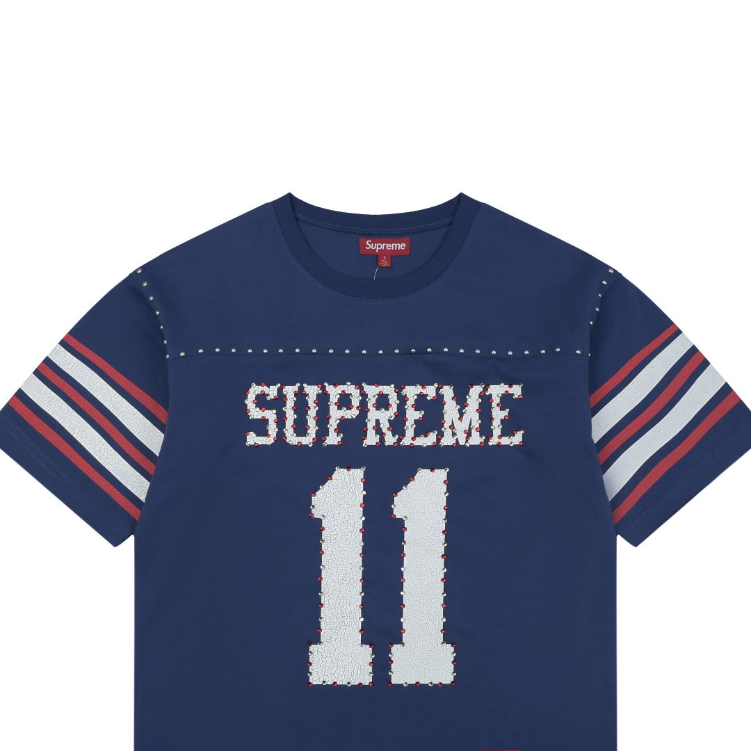 Supreme No.11 Crystal Rhinestone Football Jersey Short Sleeve Tee – Navy