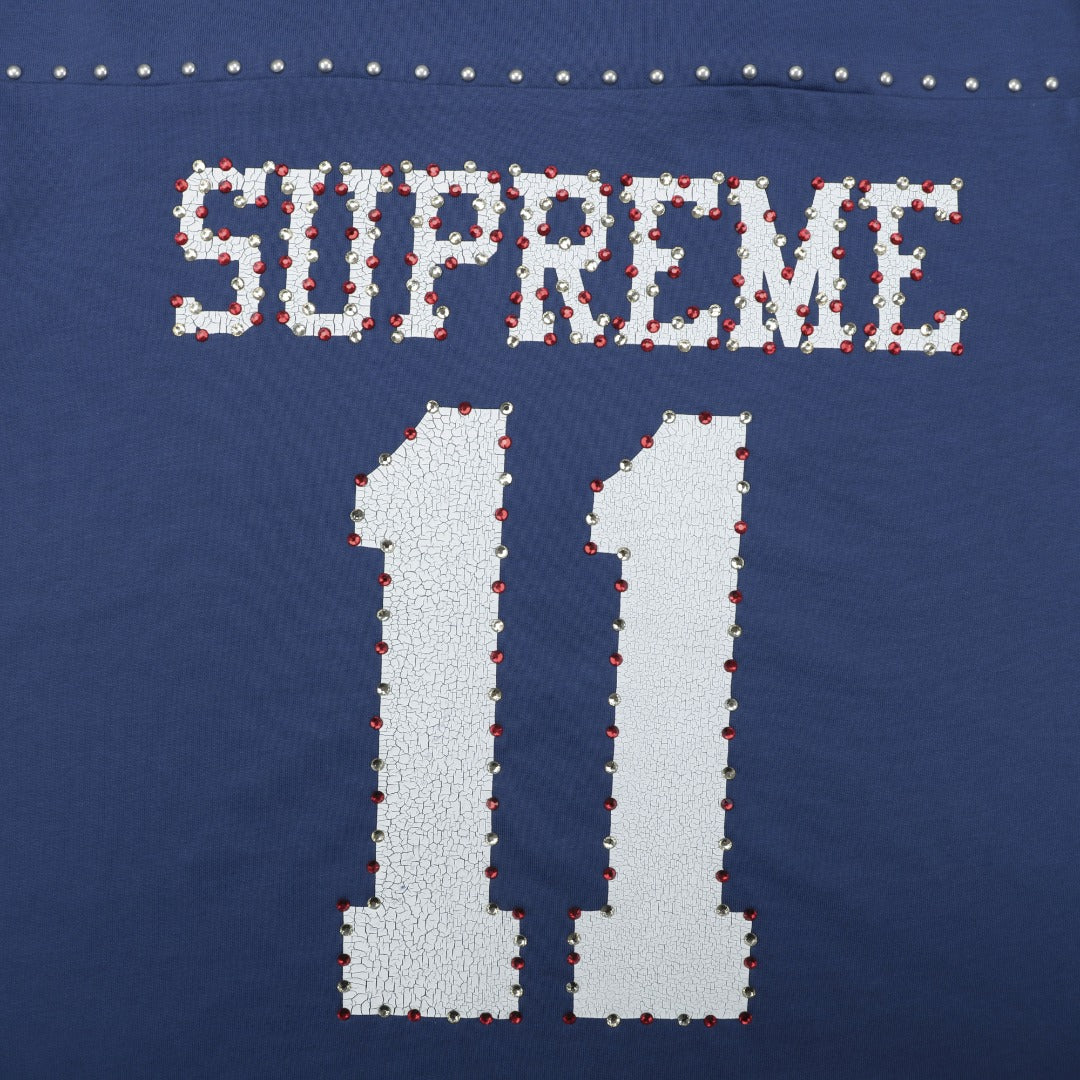 Supreme No.11 Crystal Rhinestone Football Jersey Short Sleeve Tee – Navy