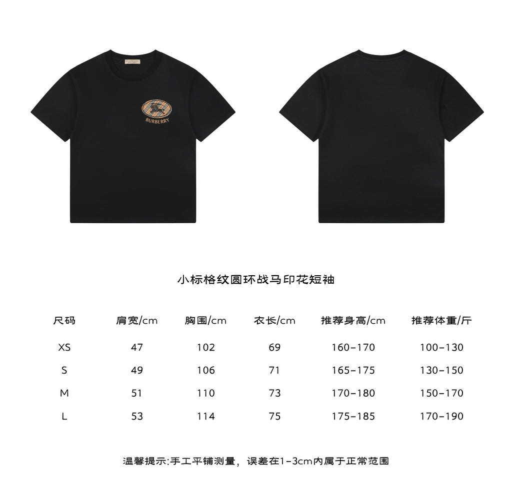 Burberry Mini Check Oval Equestrian Knight Print Tee in Black – front and back view with size chart
