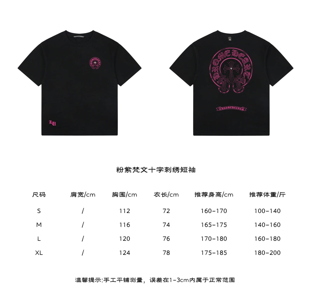 Chrome Hearts Pink Sanskrit Cross Embroidered Tee in Black – front and back view with size chart