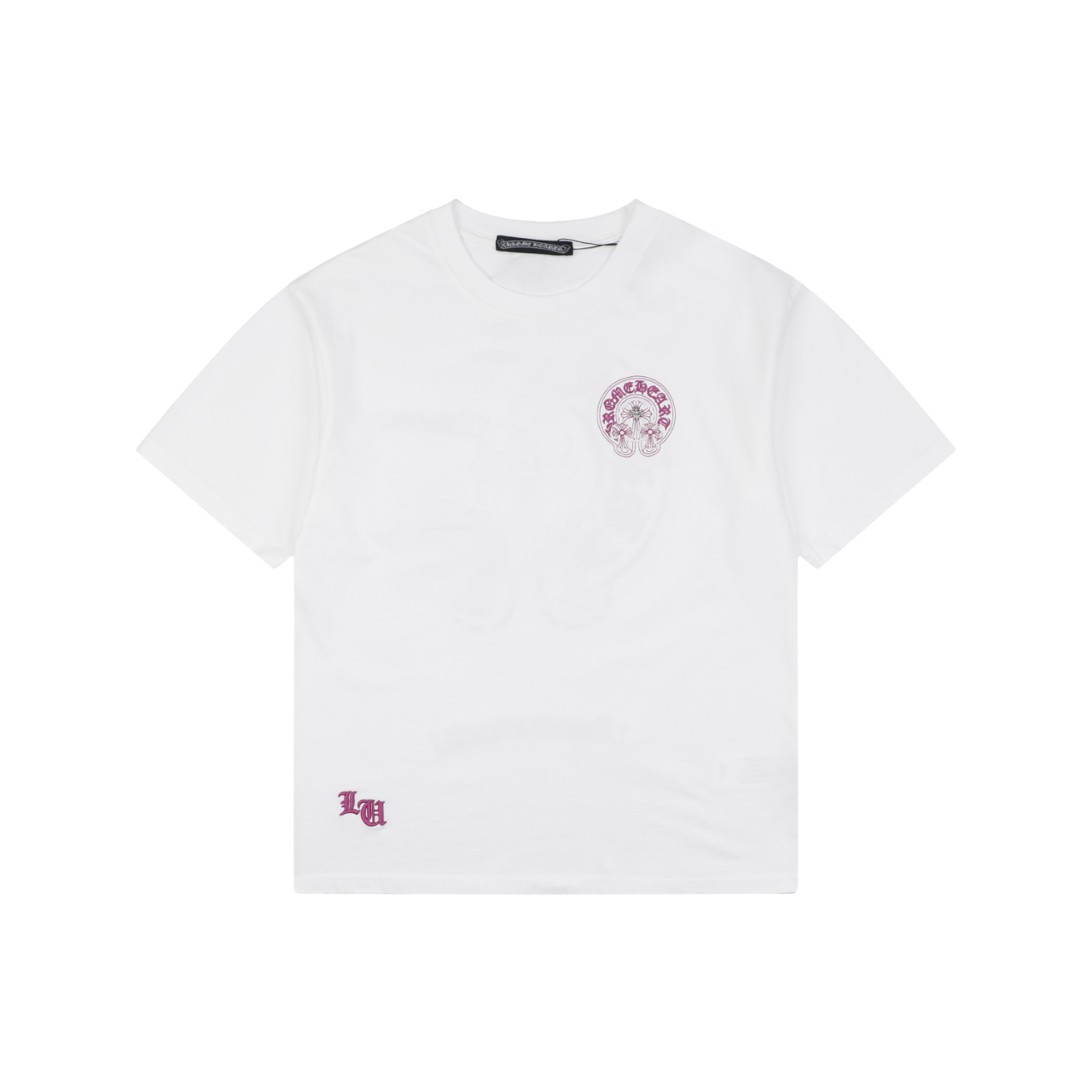 Chrome Hearts Pink Sanskrit Cross Embroidered Tee – White