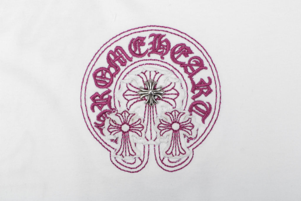 Chrome Hearts Pink Sanskrit Cross Embroidered Tee – White