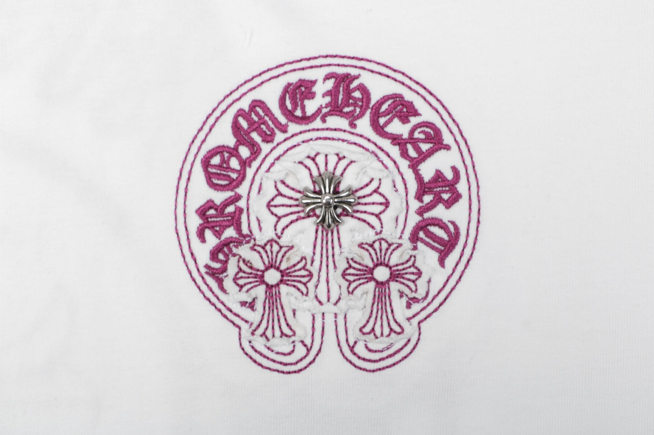 Chrome Hearts Pink Sanskrit Cross Embroidered Tee – White