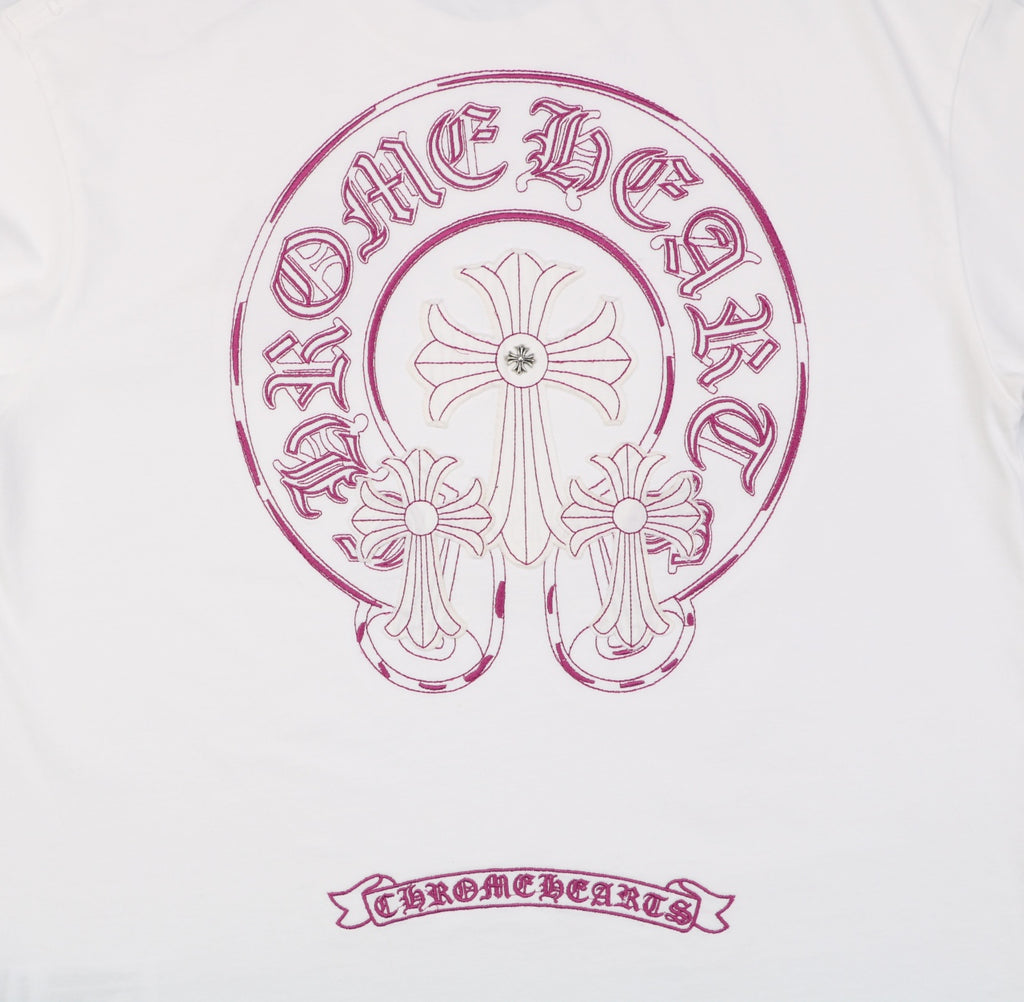 Chrome Hearts Pink Sanskrit Cross Embroidered Tee – White