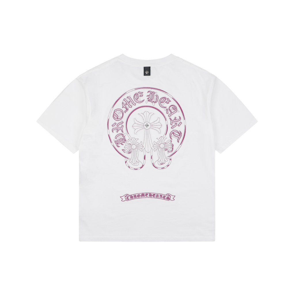 Chrome Hearts Pink Sanskrit Cross Embroidered Tee – White