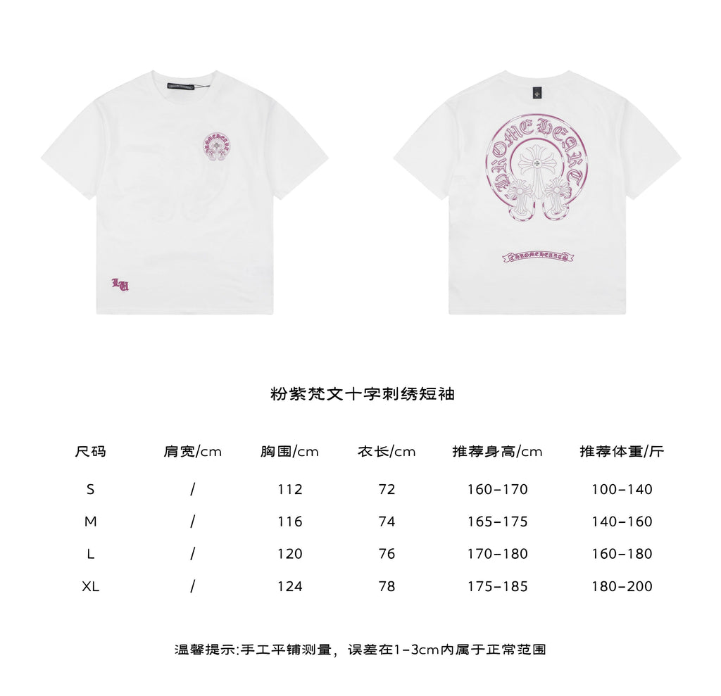 Chrome Hearts Pink Sanskrit Cross Embroidered Tee in White – front and back view with size chart