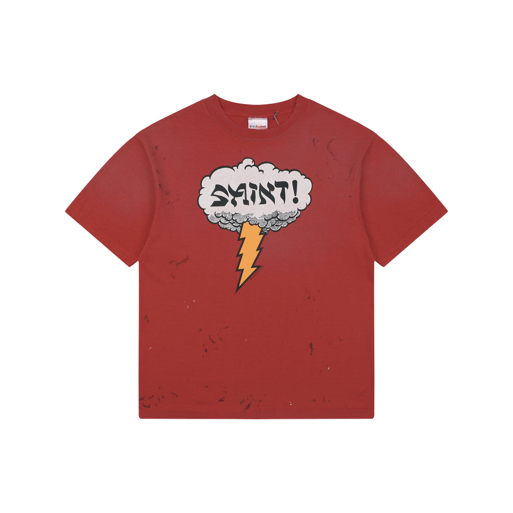 Saint Michael Thunder Cloud Lightning Letter Print Tee – Red