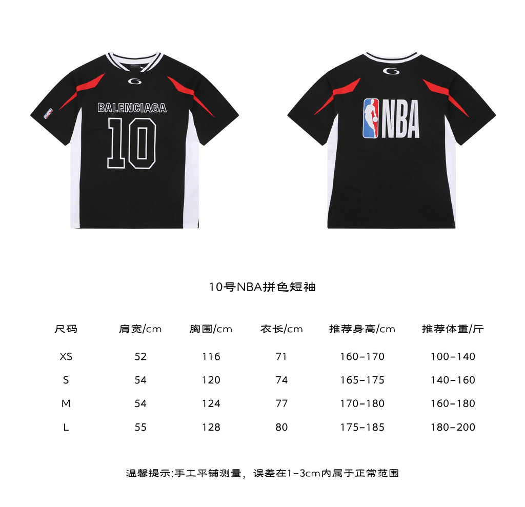 Balenciaga x NBA No.10 Colorblock Jersey Tee in Black – front and back view with size chart