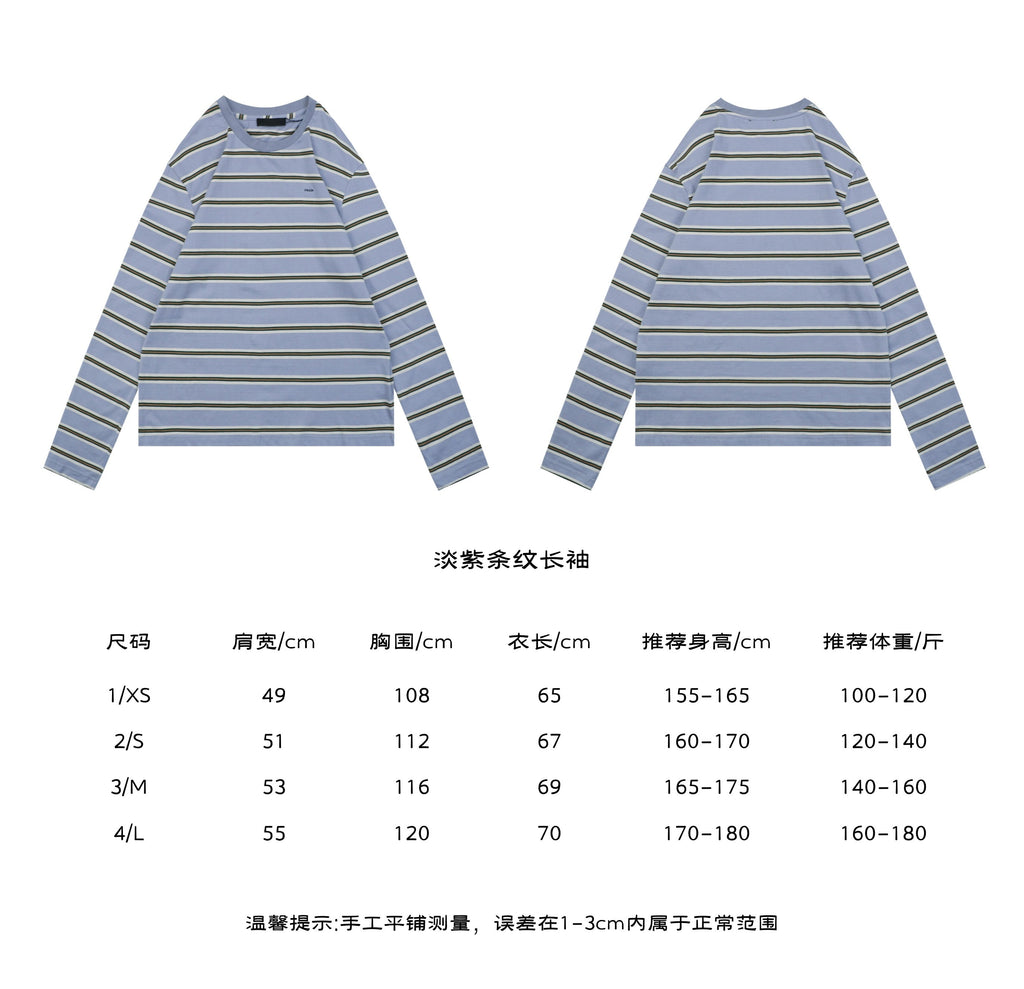 Prada Lavender Multi-Stripe Long Sleeve Tee – front and back view with size chart