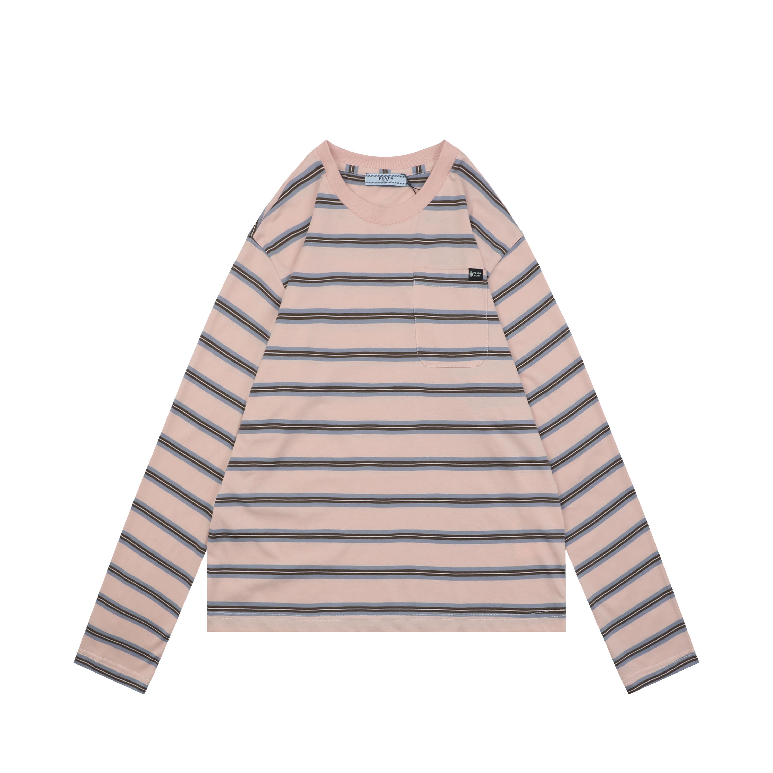 Prada Blush Pink Multi-Stripe Pocket Label Long Sleeve Tee