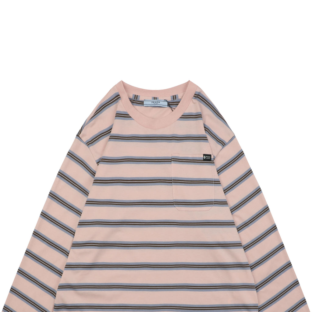 Prada Blush Pink Multi-Stripe Pocket Label Long Sleeve Tee